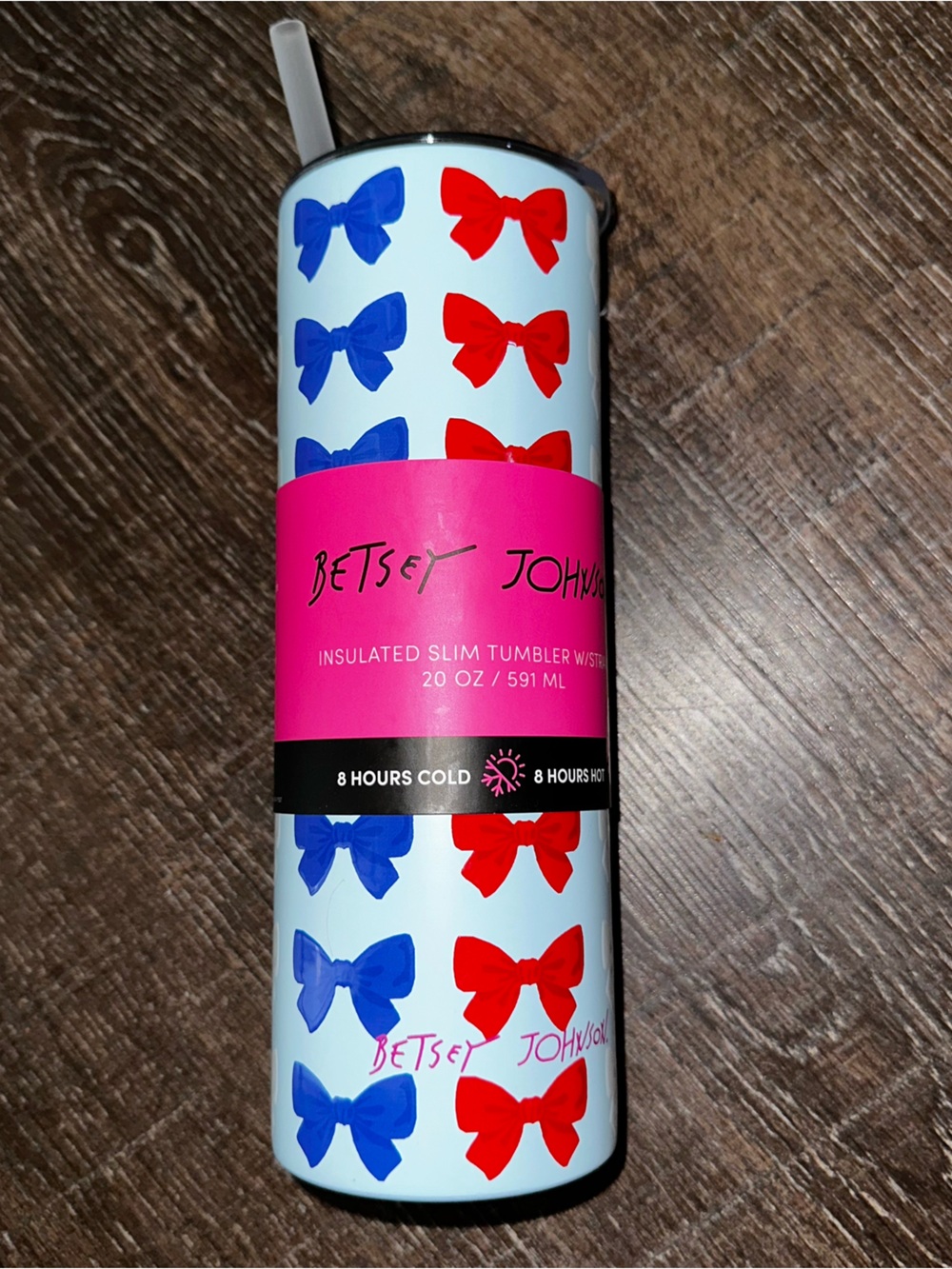 NEW Betsey Johnson Light Blue Tumbler with Red & Blue Bows 20 oz